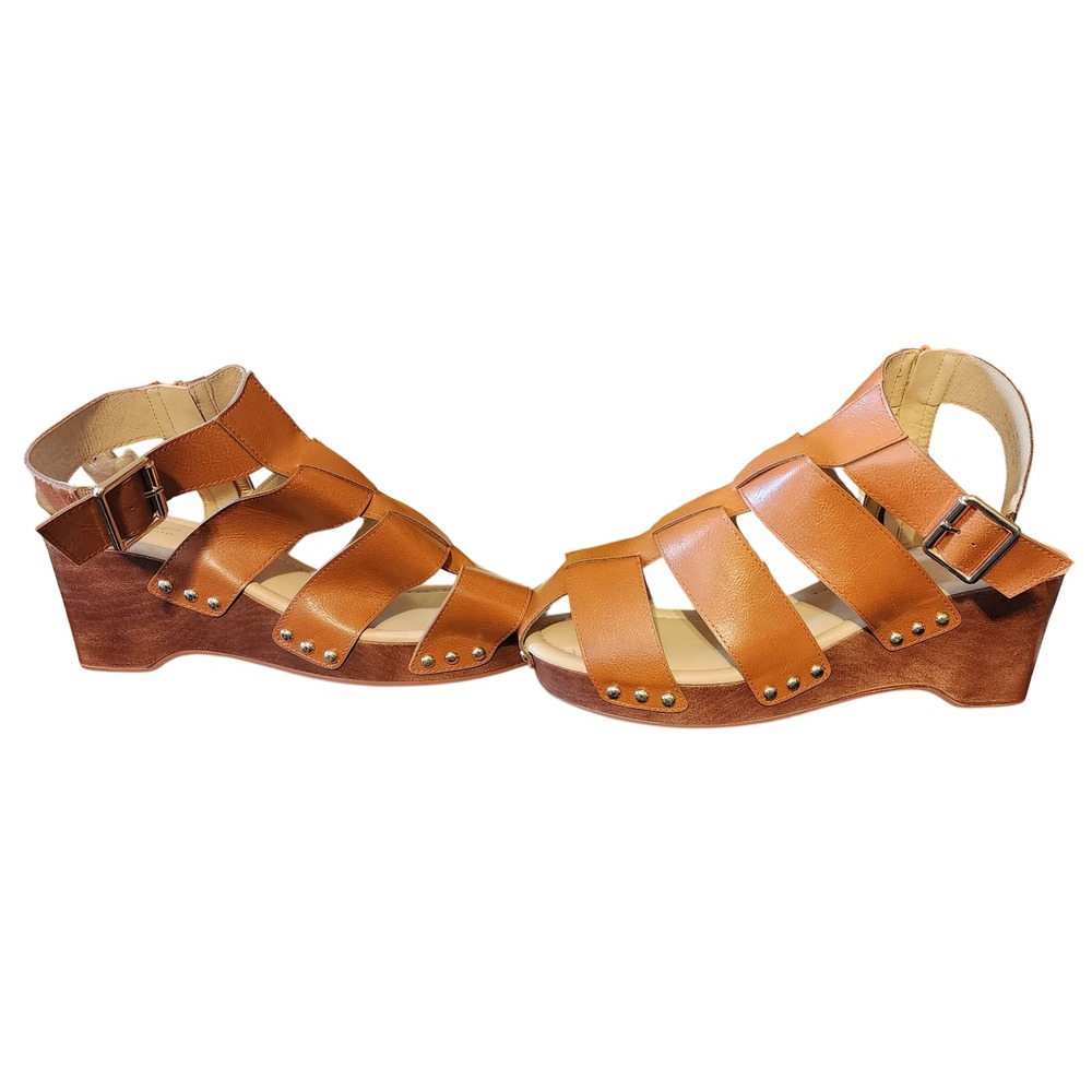 Comfort EST. 1946 Brown Faux Leather Gladiator Studded Wedge Sandals Size 11W